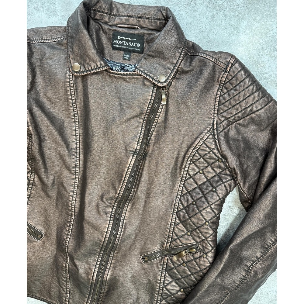 Montanaco Jacket Womens Large Bronze Quilted Faux Leather Moto Biker Studded Zip